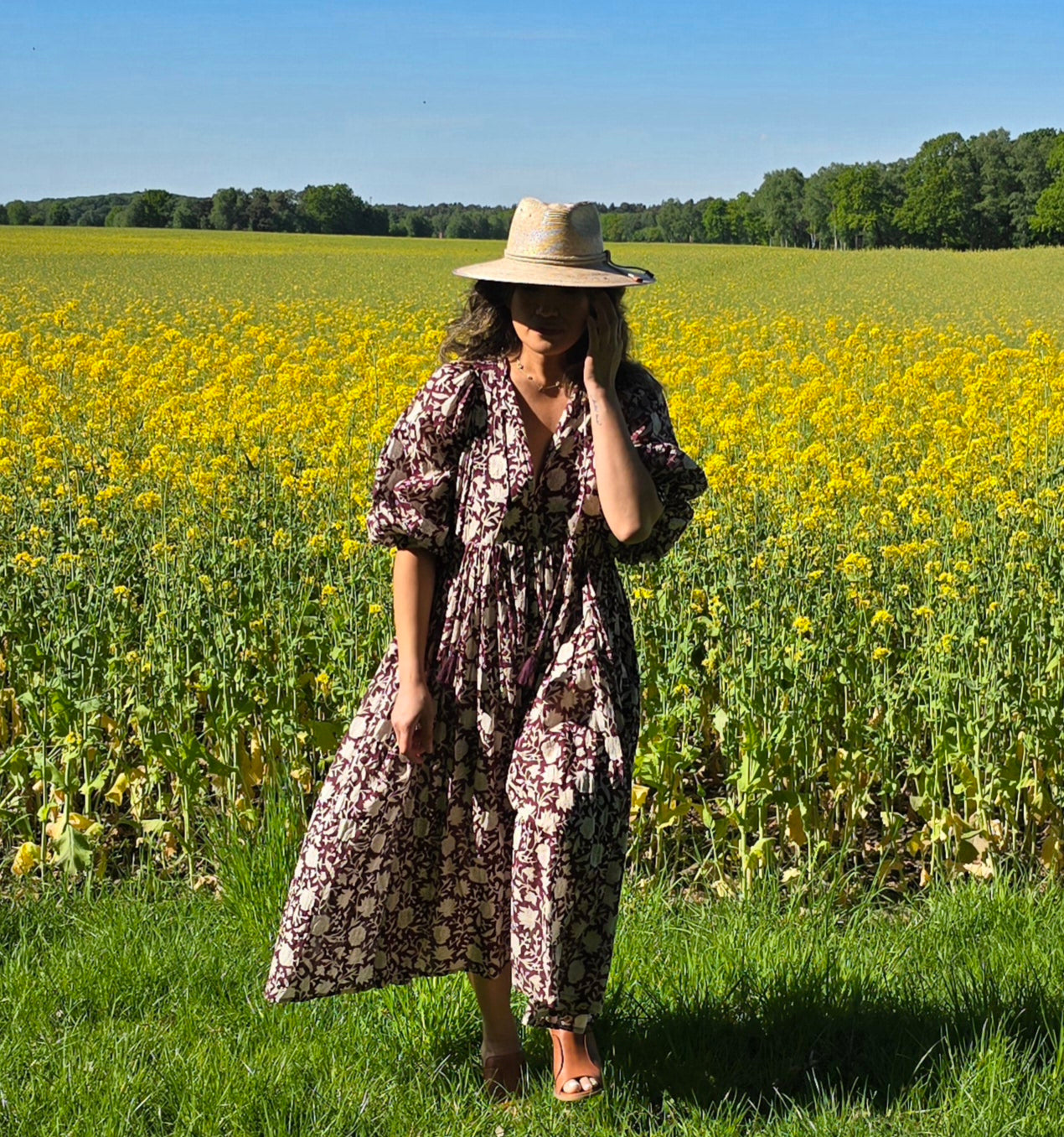 New - Camilla dress with hand block print – Burgundy
