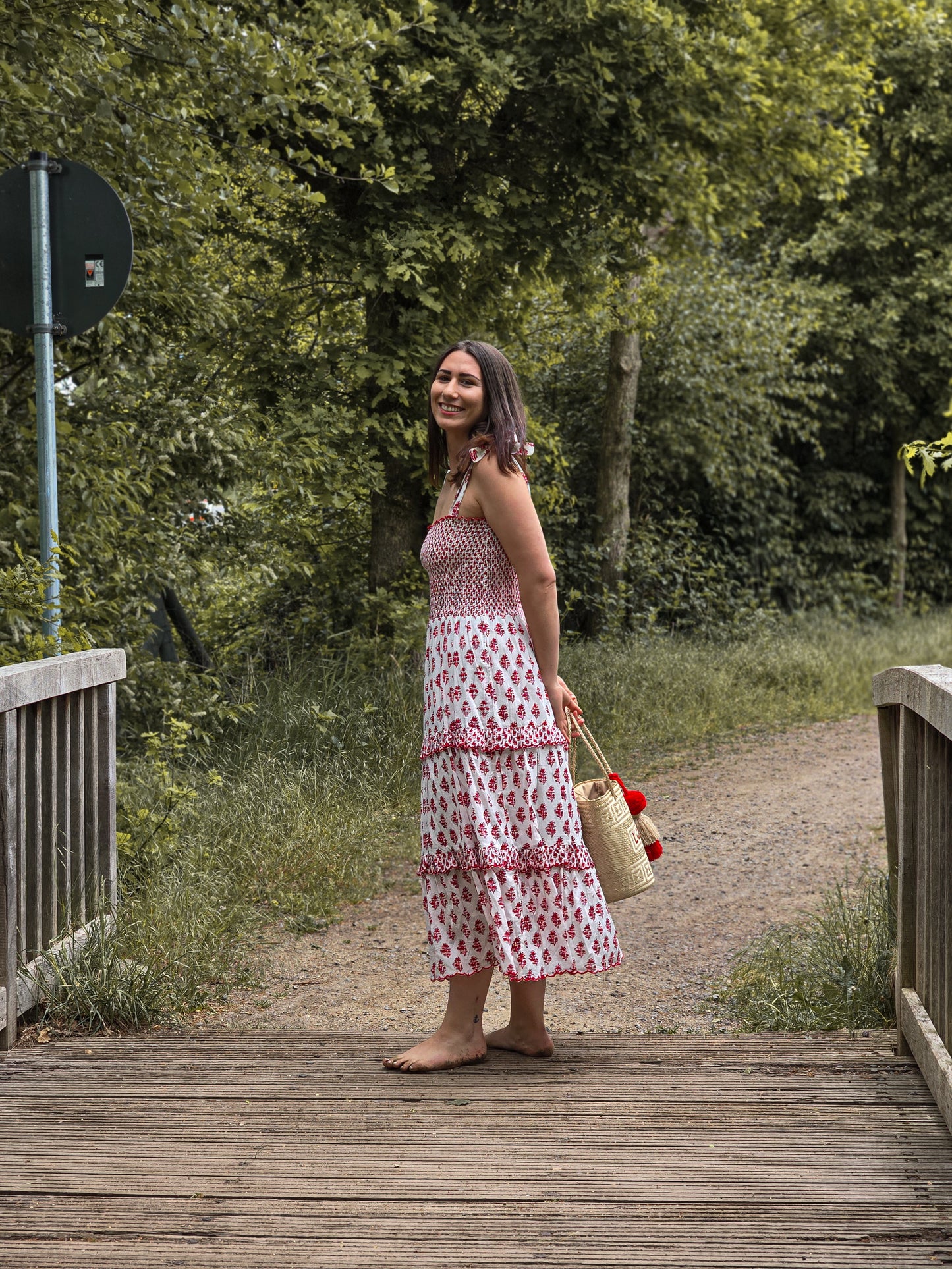 Frida white dress with red floral pattern