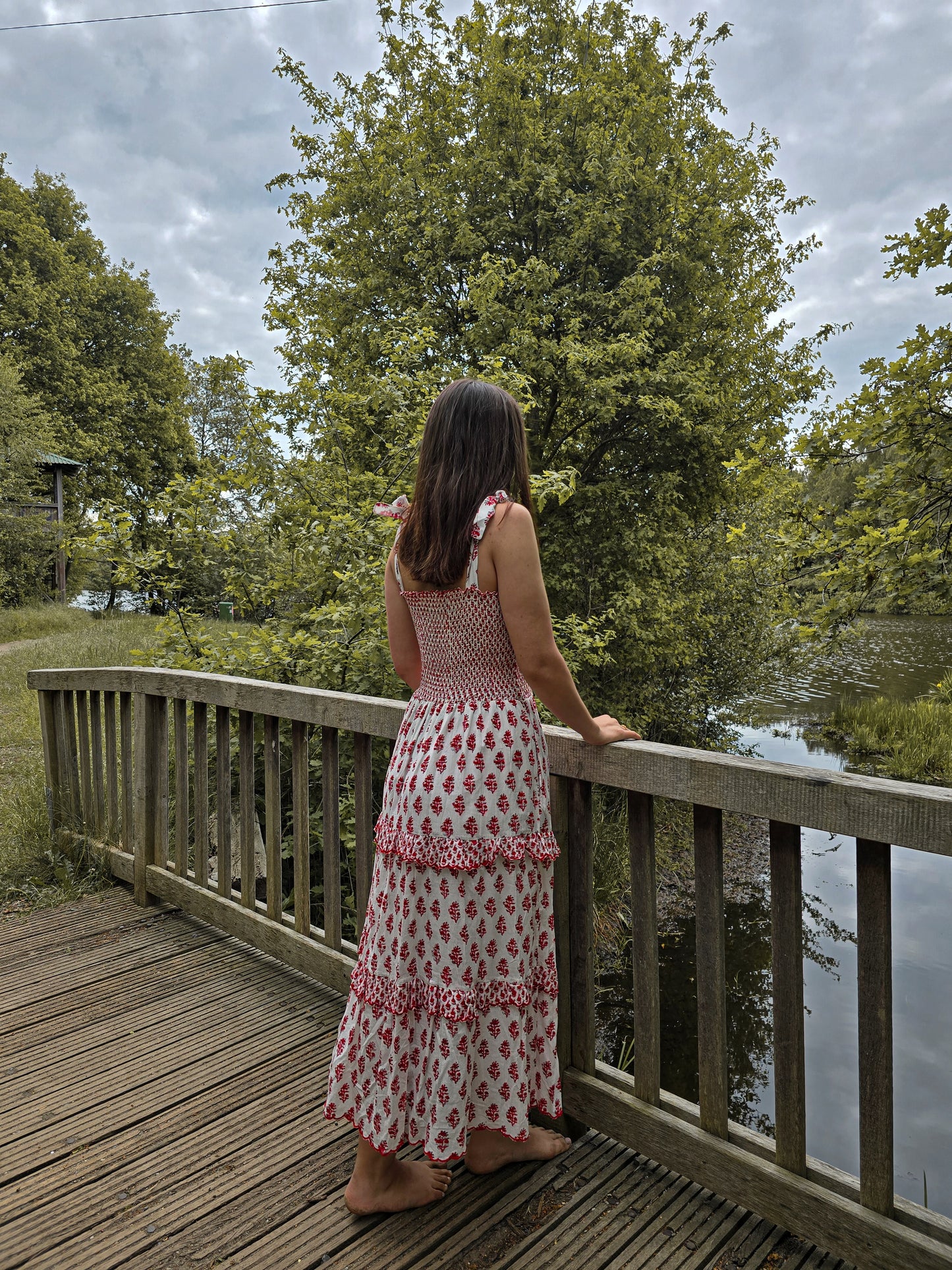 Frida white dress with red floral pattern