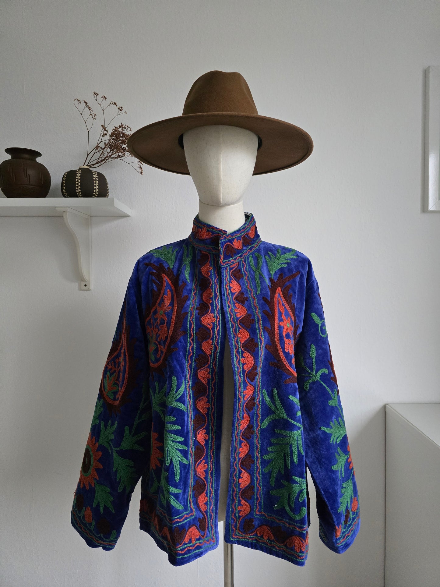 Samtjacke mit Strickerei - Blau