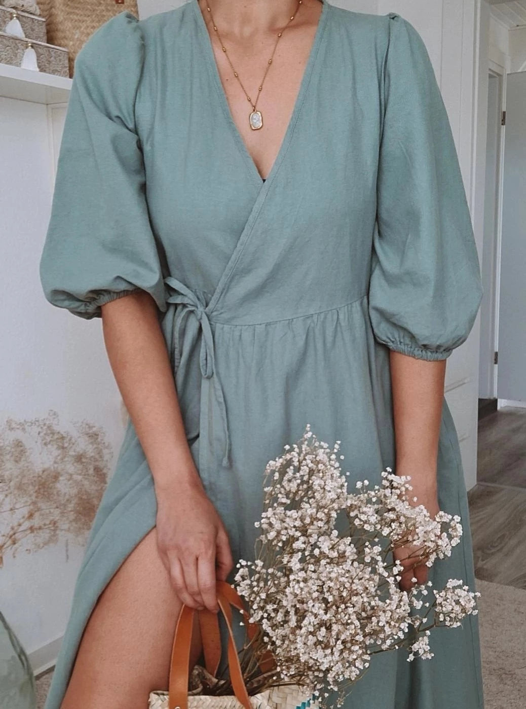 Sommer Wickelkleid aus Baumwolle und Leinen