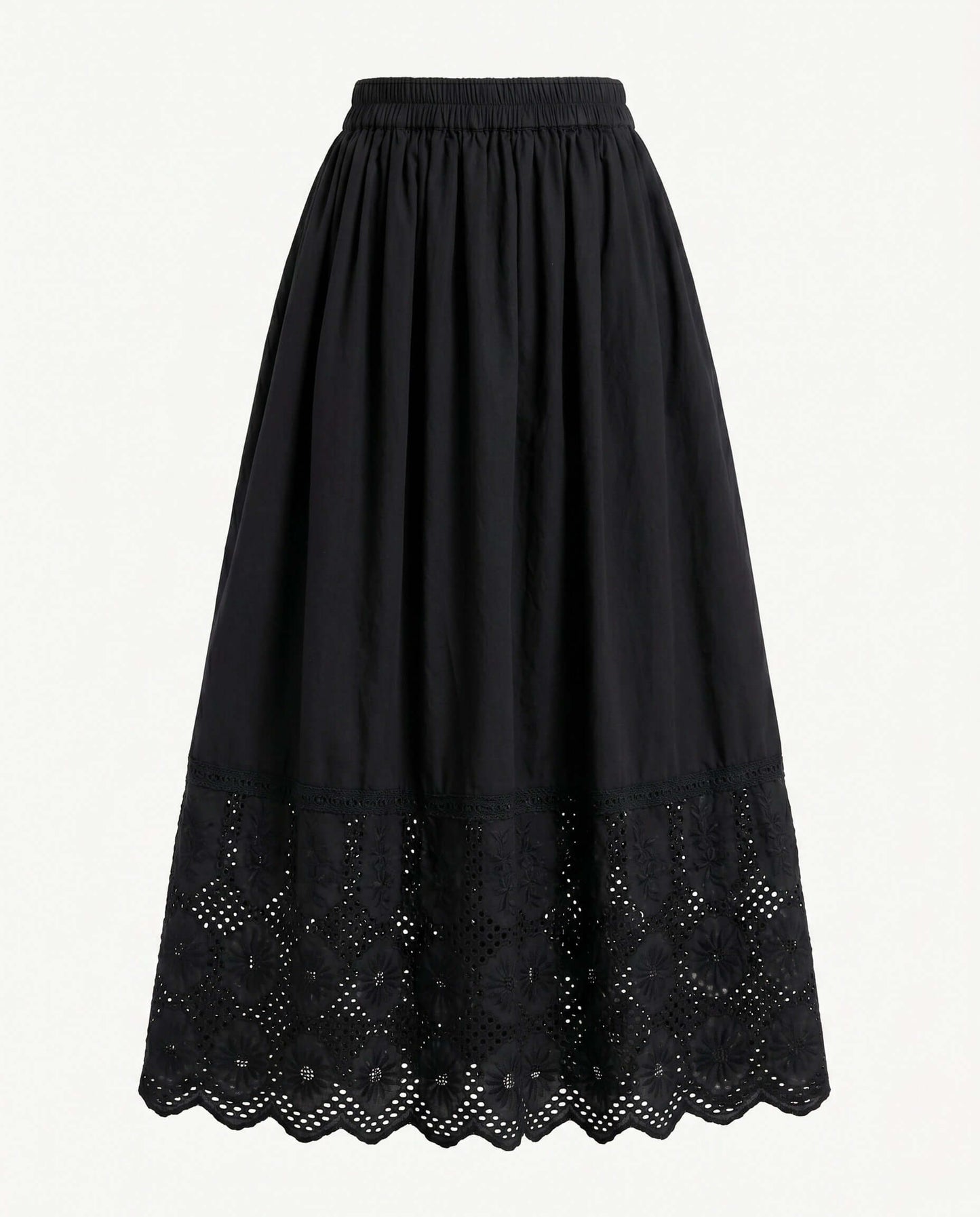 Black cotton skirt with delicate lace trimming at the hem, elastic waistband and deep side pockets, minimalist summer skirt