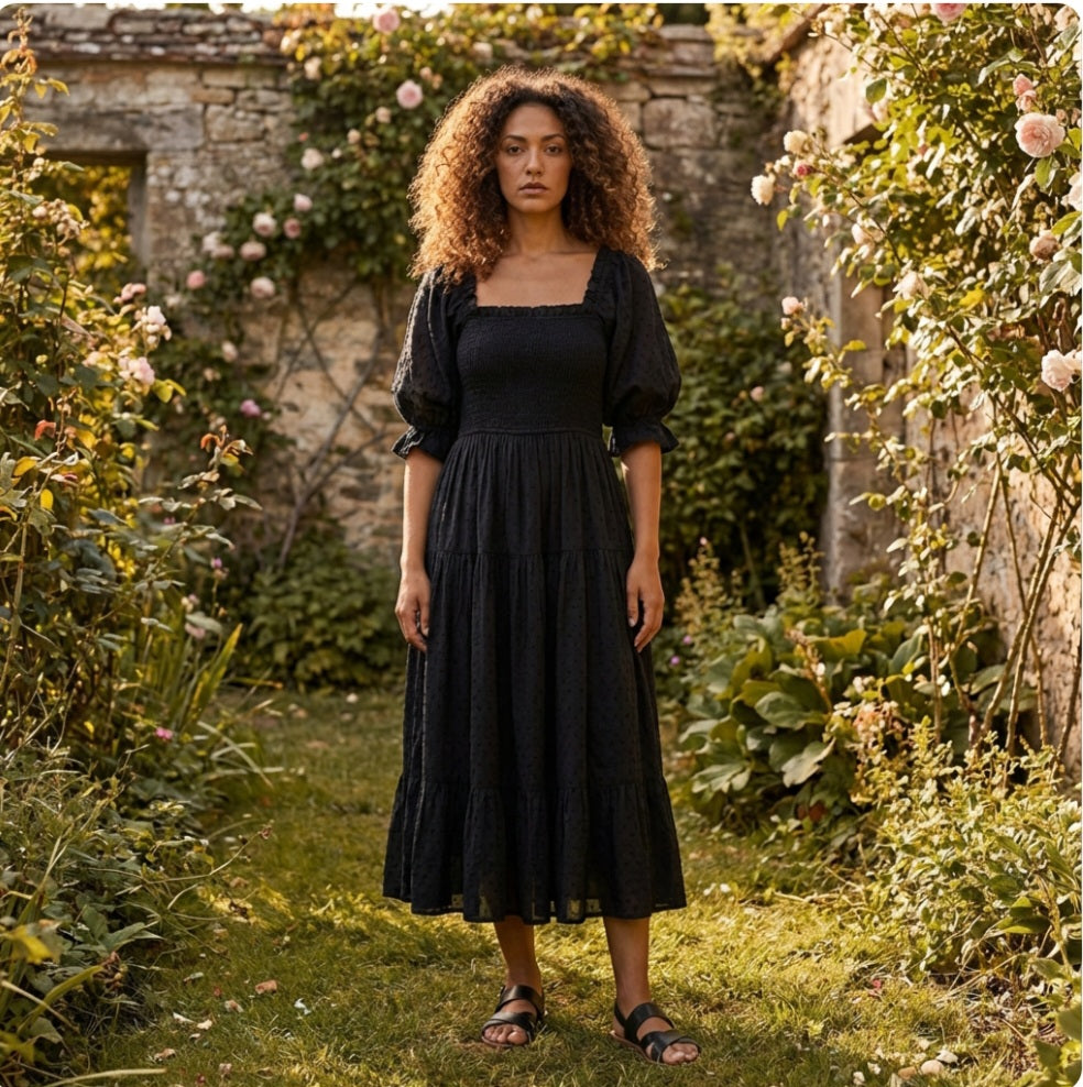 The Meadow - Schwarzes Midi-Kleid aus Baumwolle