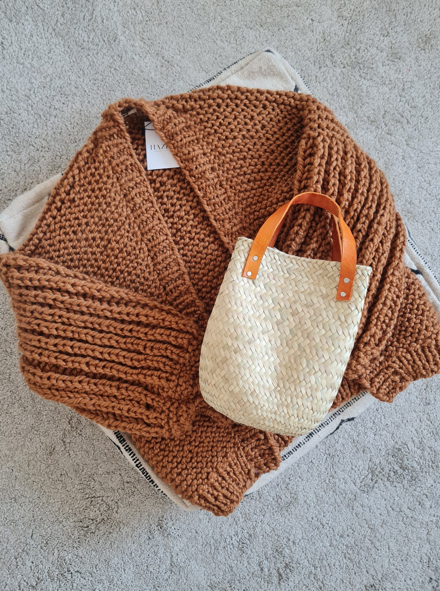Las Palmas Korb Tasche Klein mit braunem Ledergriff – Creme