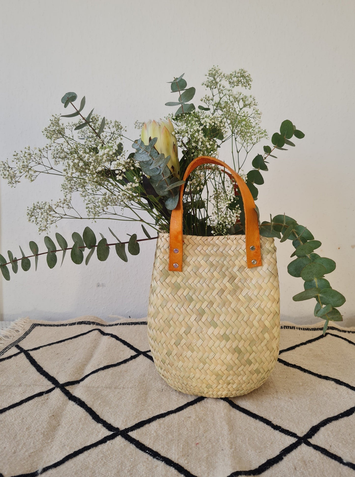 Las Palmas Korb Tasche Klein mit braunem Ledergriff – Creme
