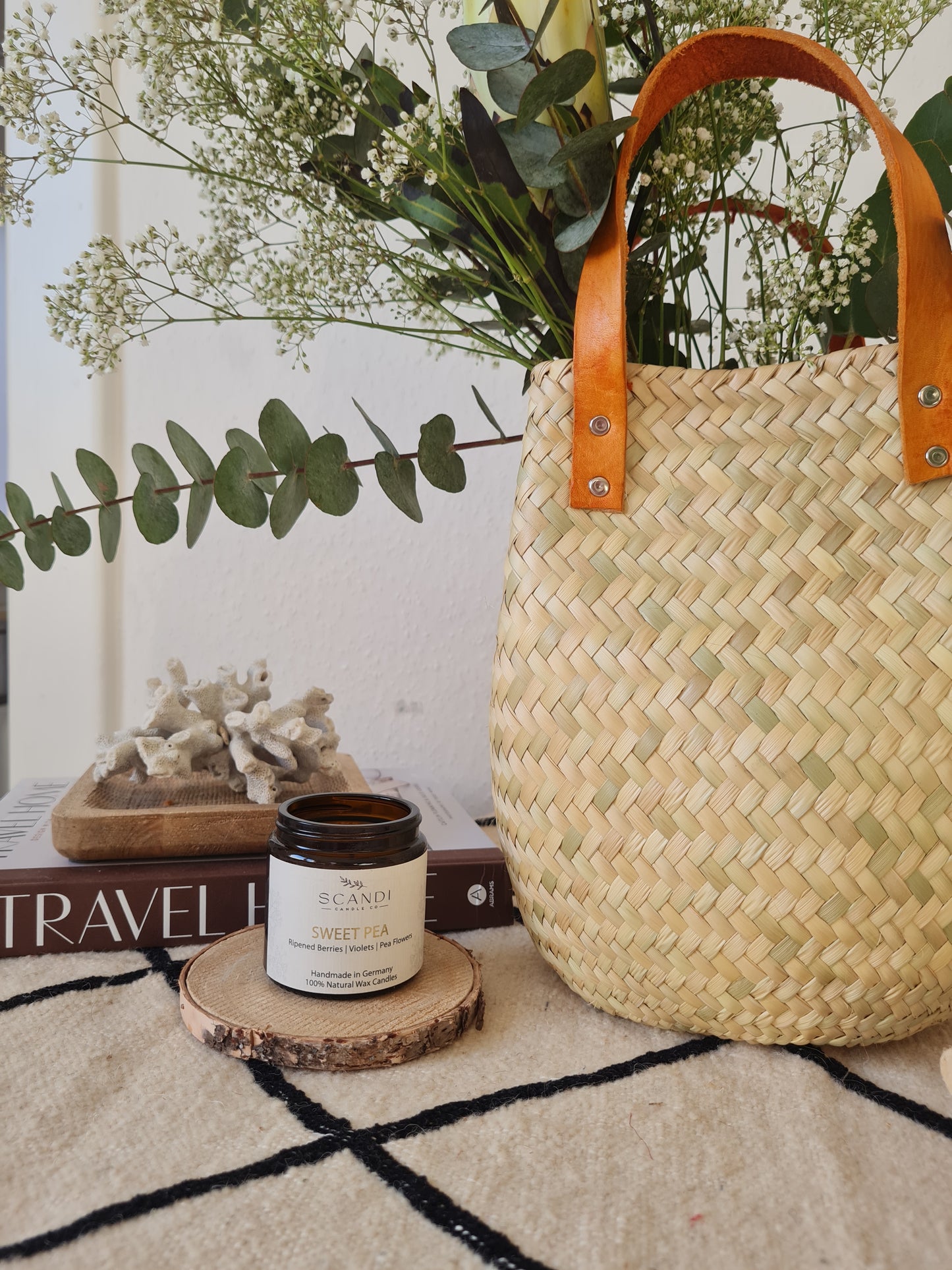 Las Palmas Korb Tasche Klein mit braunem Ledergriff – Creme