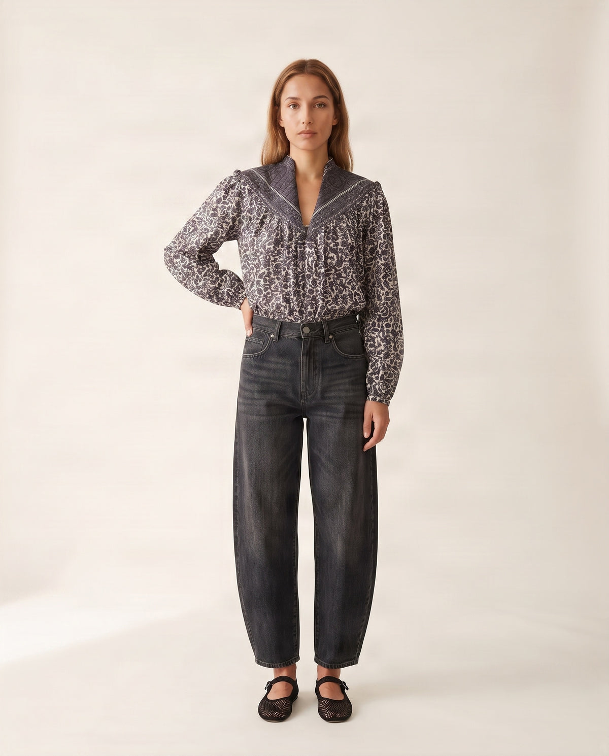 Olivia Bluse mit Handblockdruck – Schwarz/Weiß