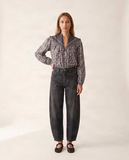 Olivia Bluse mit Handblockdruck – Schwarz/Weiß