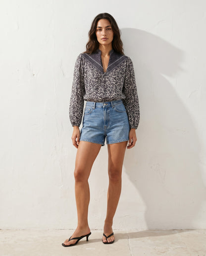 Olivia Bluse mit Handblockdruck – Schwarz/Weiß