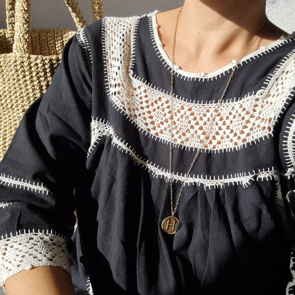 Hand-embroidered maxi dress made of cotton – Black/Cream