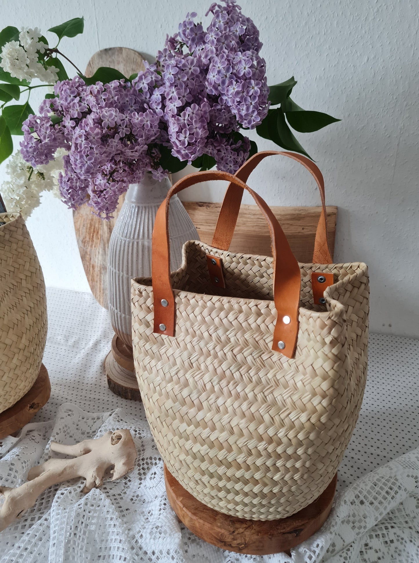 Las Palmas Korb Tasche Klein mit braunem  Ledergriff – Creme