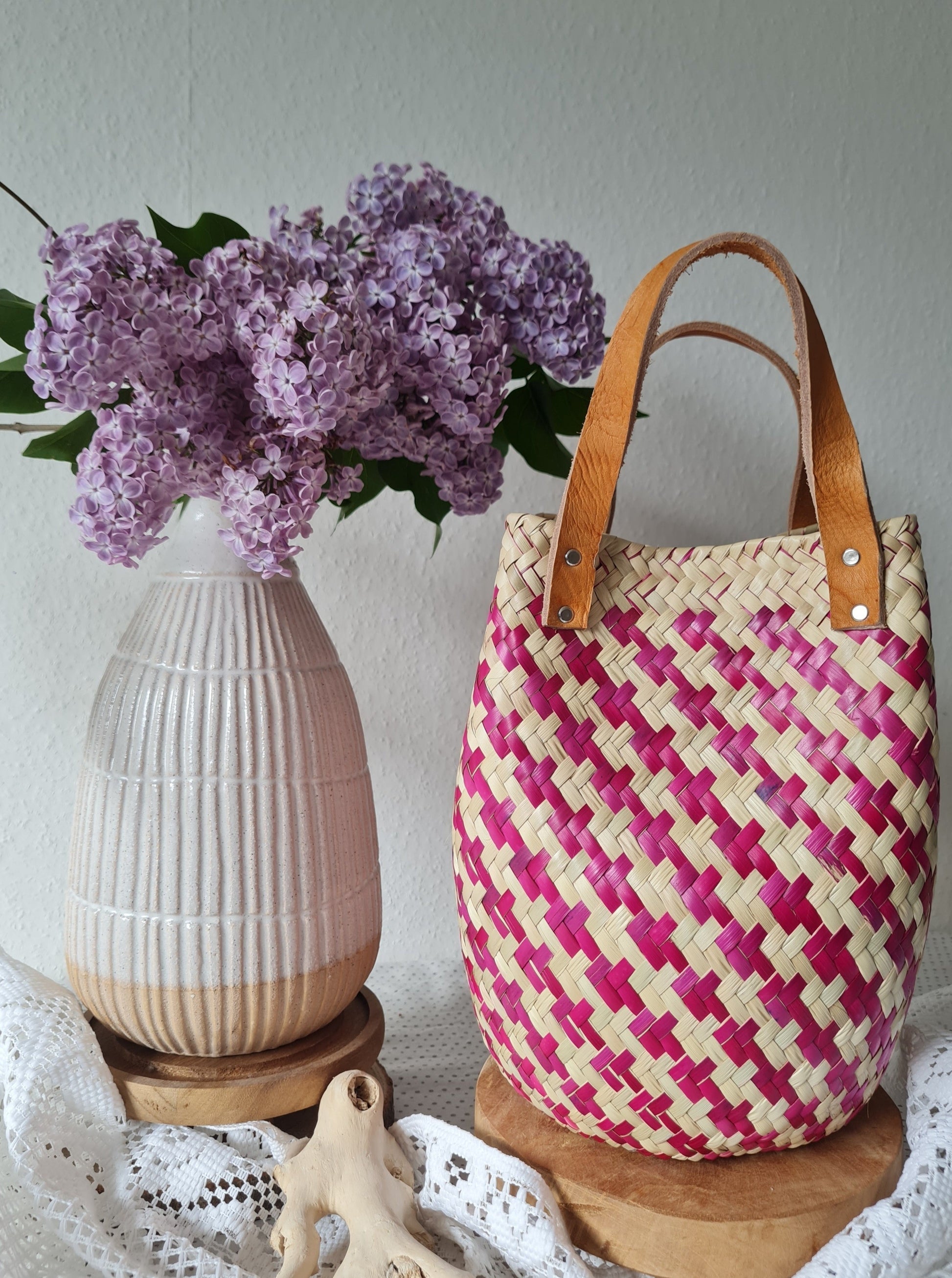 Las Palmas Korb Tasche Klein mit braunem Ledergriff – Creme/Pink