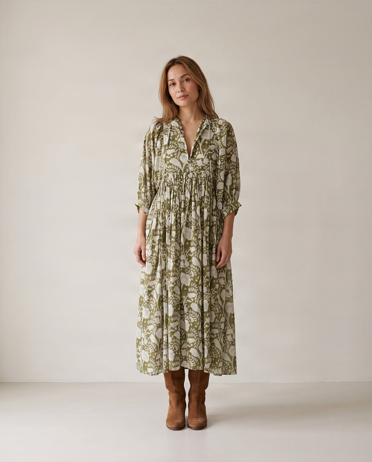 Camilla Hand Block Print Dress - Olive Green