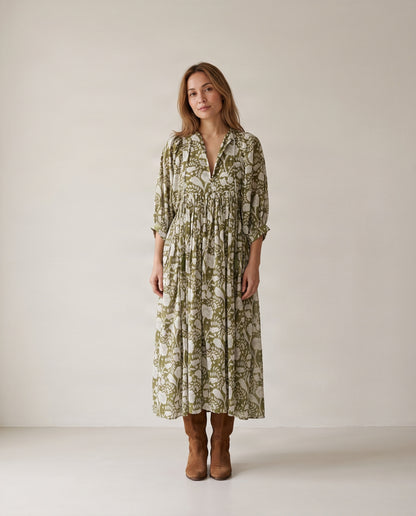 Camilla Hand Block Print Dress - Olive Green