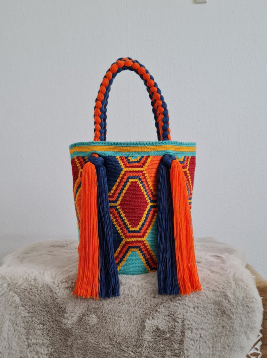 Handgefertigt Quasten Tasche – Orange/Blau