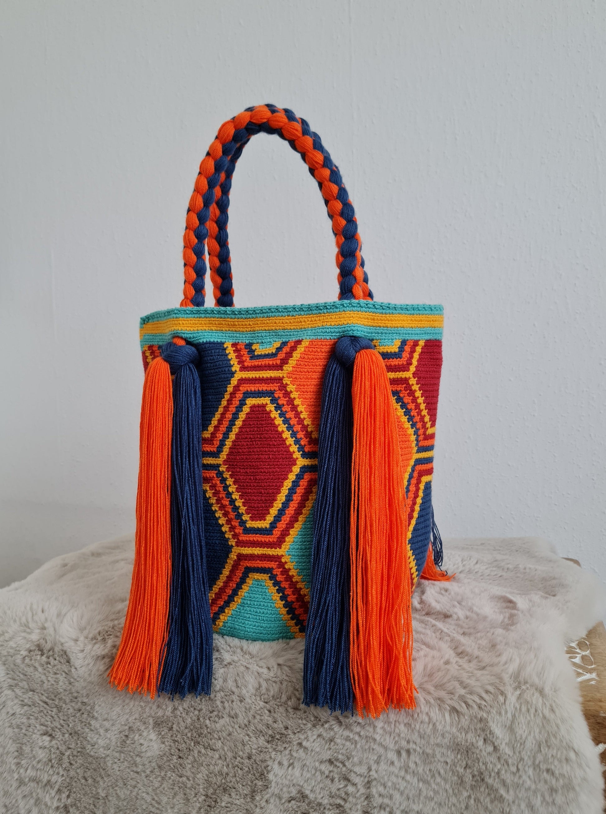 Handgefertigt Quasten Tasche – Orange/Blau