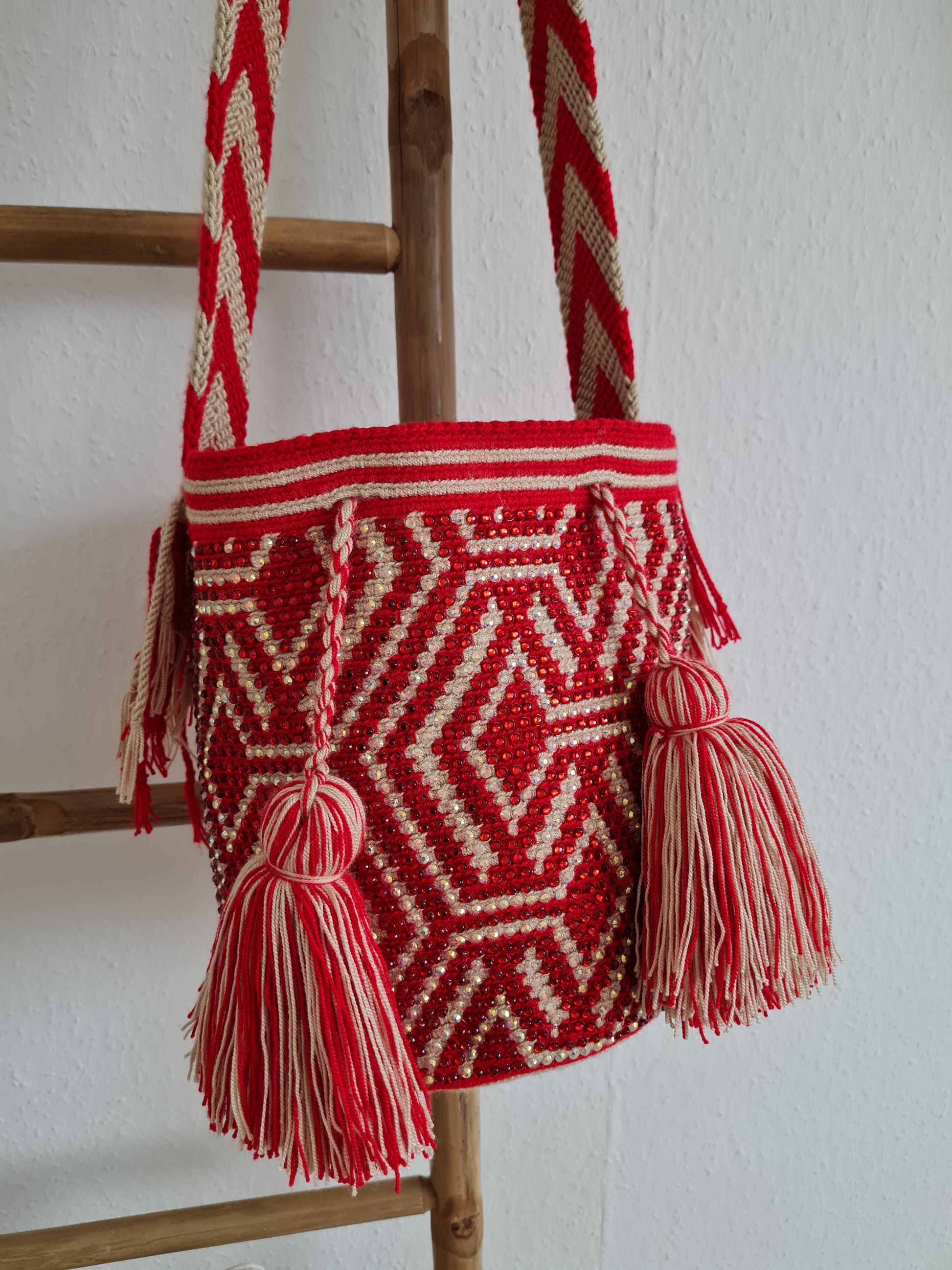 Wayuu Tasche  – Strasssteine in Rot