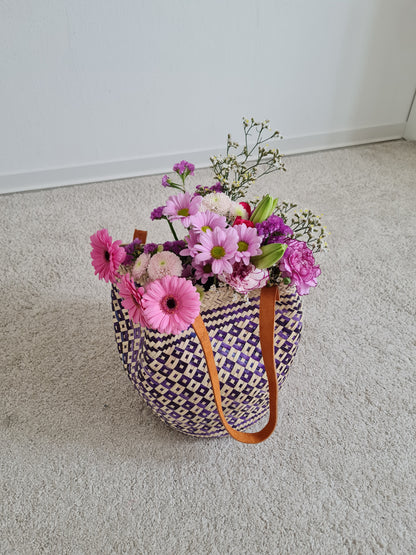 Las Palmas Korb Tasche Groß mit braunem Griff – Blau/Creme