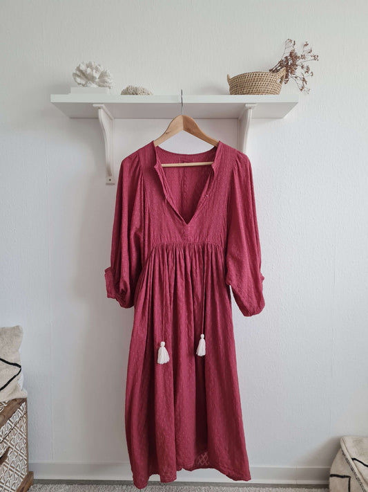 Handgefertigtes Midikleid aus Baumwolle in Burgundy