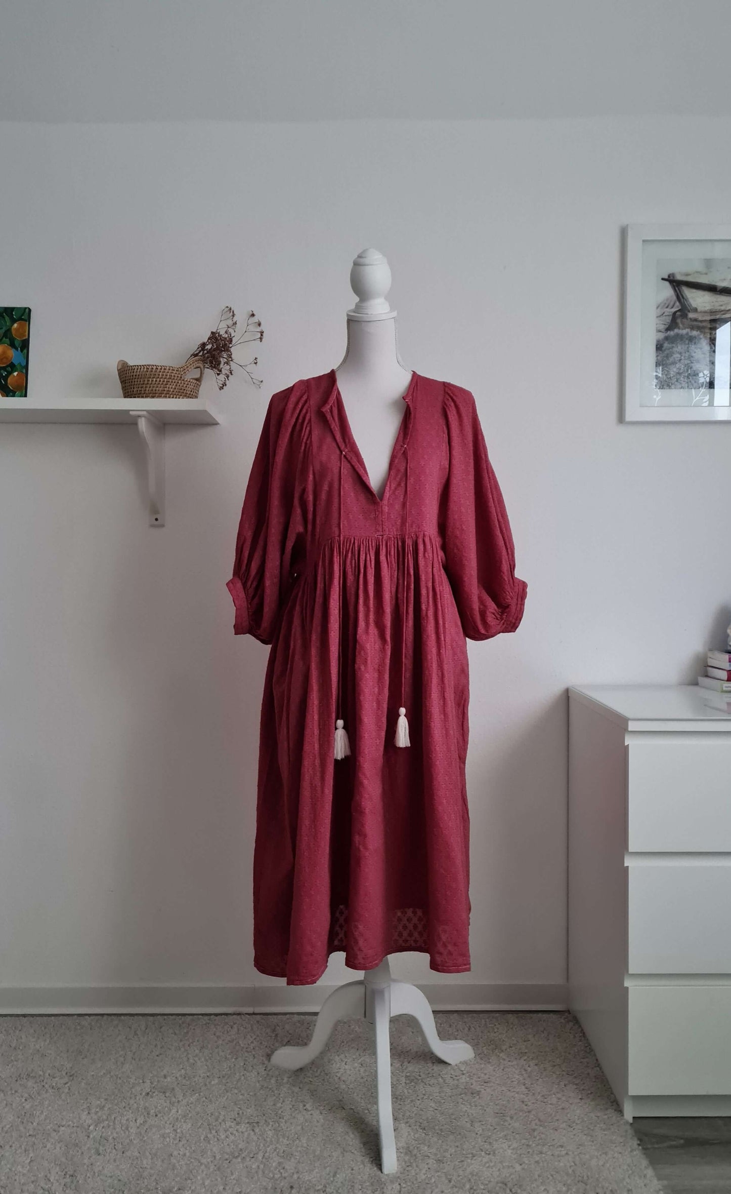 Handgefertigtes Midikleid aus Baumwolle in Burgundy