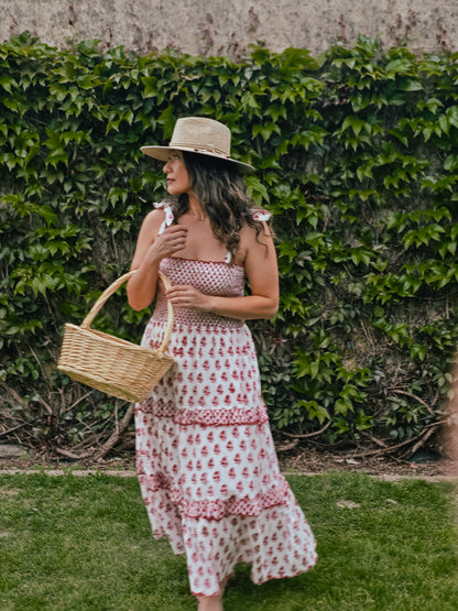 Frida white dress with red floral pattern
