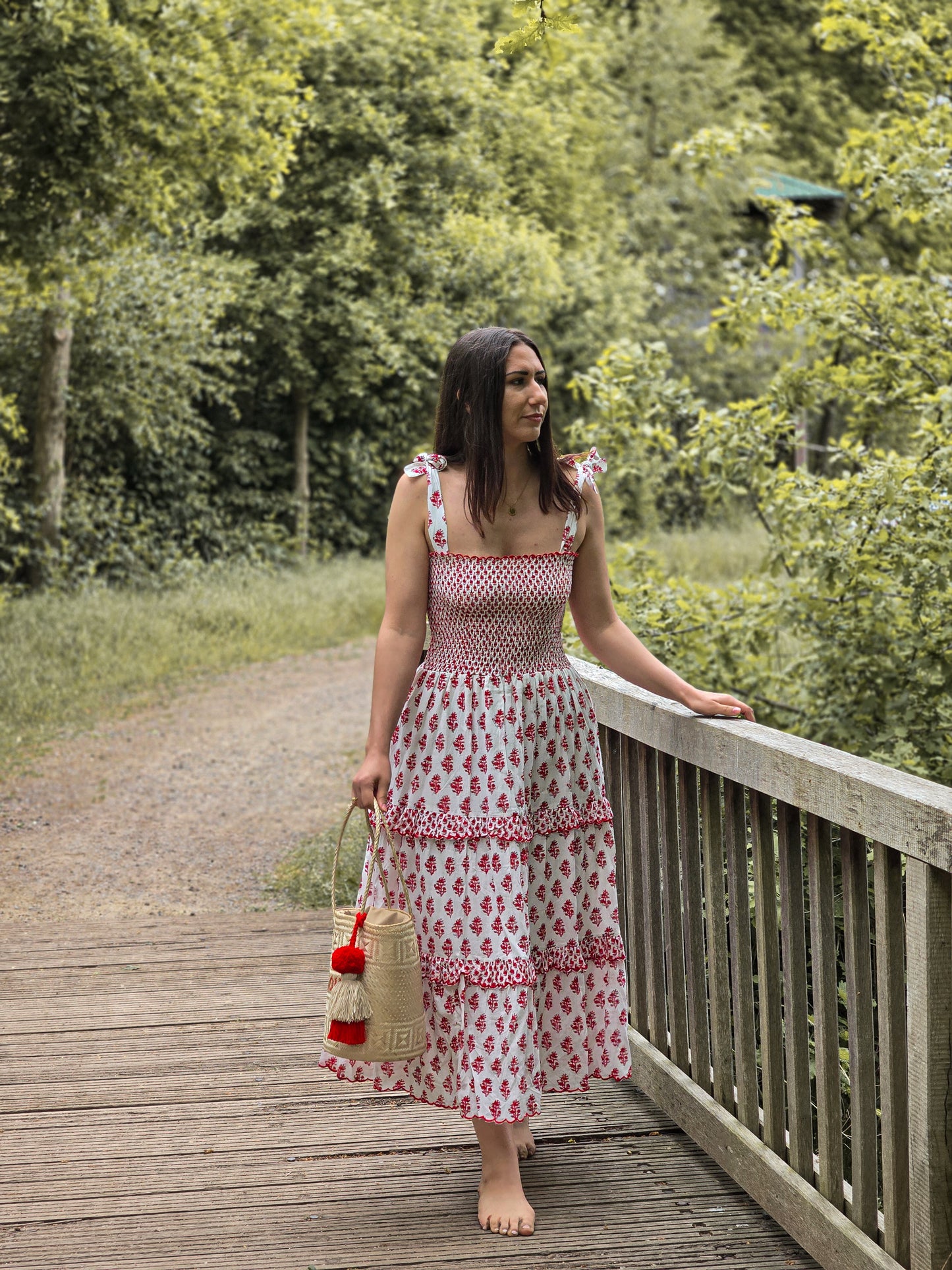 Frida white dress with red floral pattern