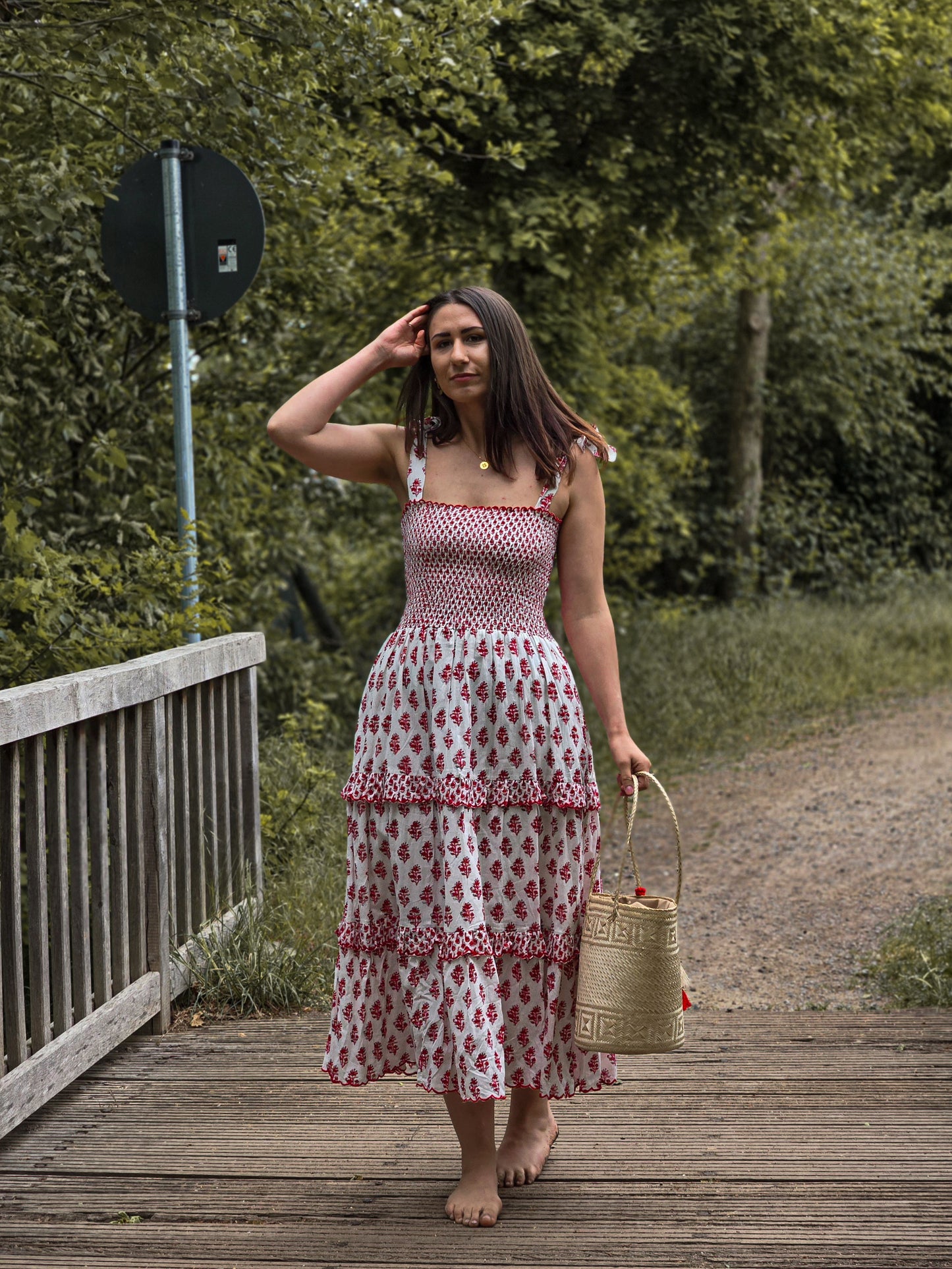 Frida white dress with red floral pattern