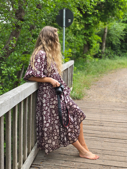 New - Camilla dress with hand block print – Burgundy