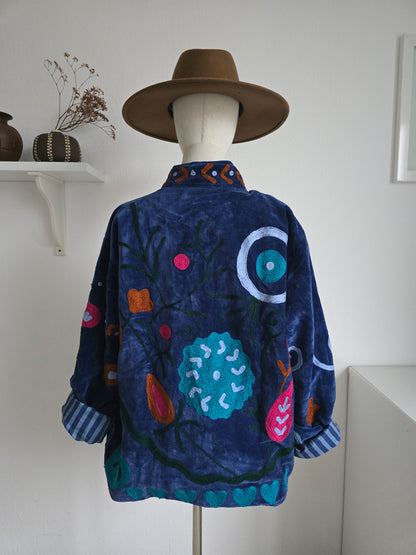 Wendbare bestickte Samtjacke - Blau