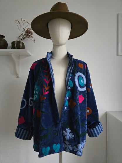 Wendbare bestickte Samtjacke - Blau