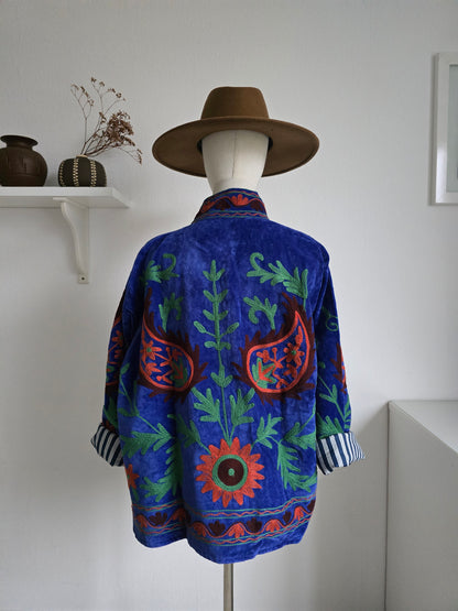 Samtjacke mit Strickerei - Blau