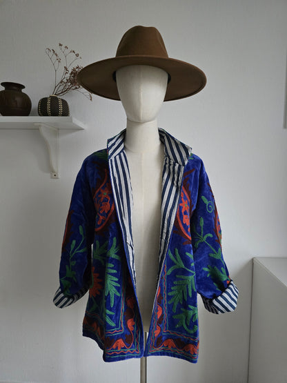Samtjacke mit Strickerei - Blau