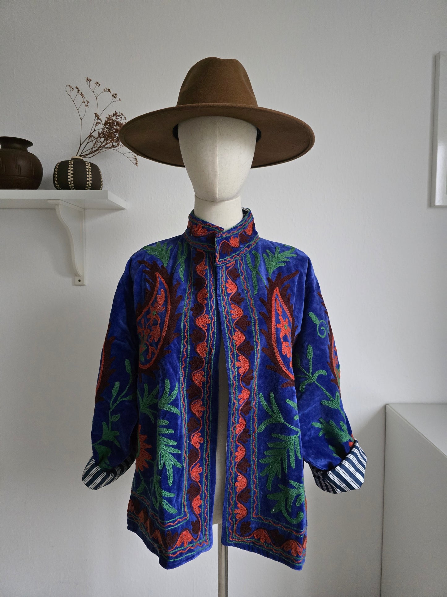 Samtjacke mit Strickerei - Blau