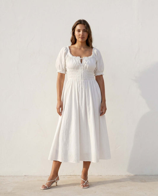 Sommerkleid Weiß Damen – Baumwoll Midi Kleid mit Puffärmeln | Solene Kleid, handgefertigt und aus 100% Baumwolle.