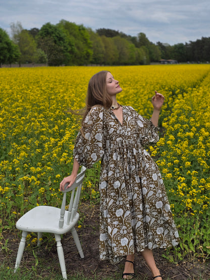 "Camilla Dress Brown with Hand Block Print – Flowing, Floral Midi Cotton Dress"