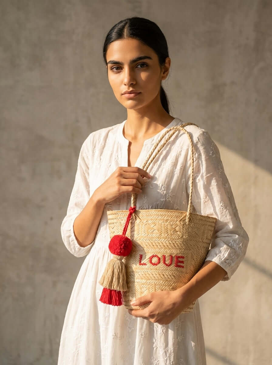 Handgemachte Korbtasche - Love/Red in den Händen einer Frau, kombiniert mit traditioneller Kleidung.