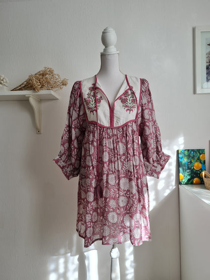 Block Print Baumwolle Mini Kleid Mit Taschen