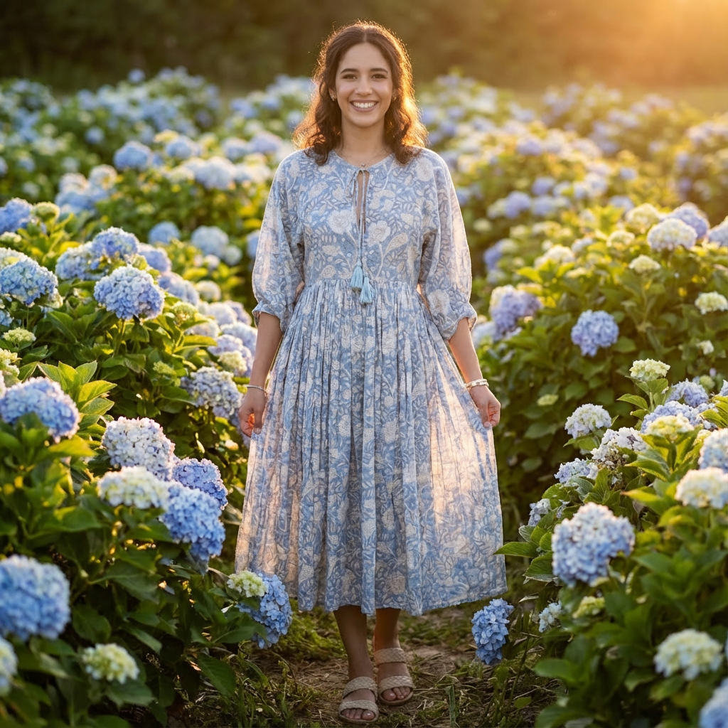 Camilla Kleid mit Handblockdruck - Puderblau