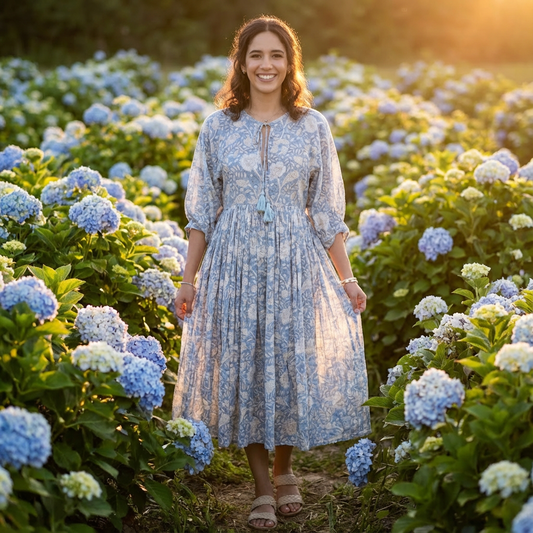 Camilla Kleid mit Handblockdruck - Puderblau