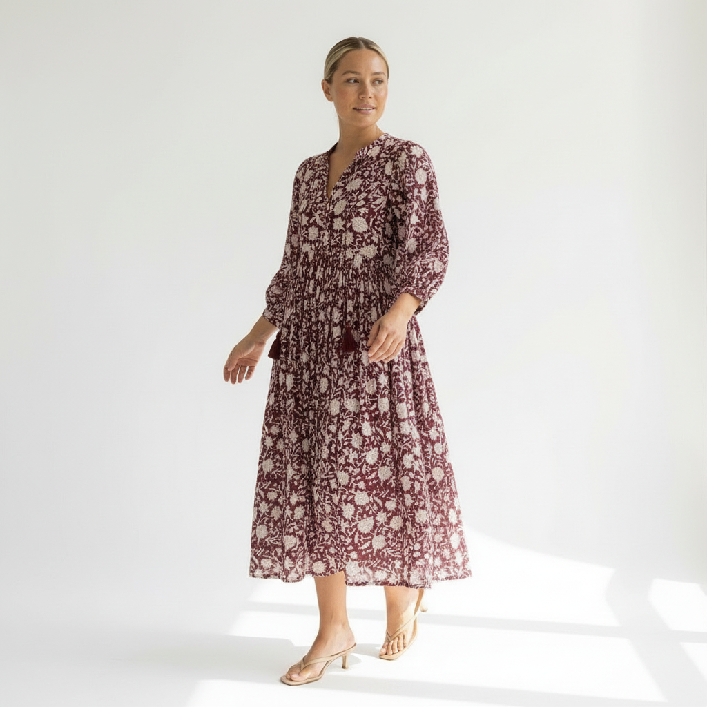 Camilla Kleid mit Handblockdruck – Burgundy