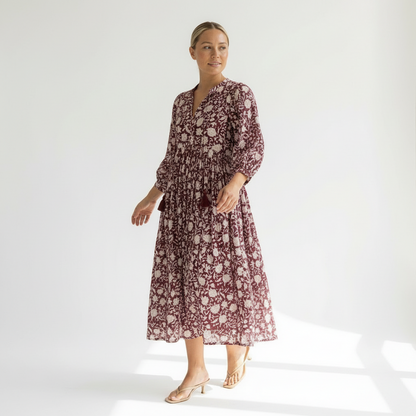 Camilla Kleid mit Handblockdruck – Burgundy