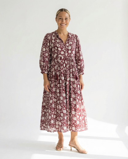 Camilla Kleid mit Handblockdruck – Burgundy