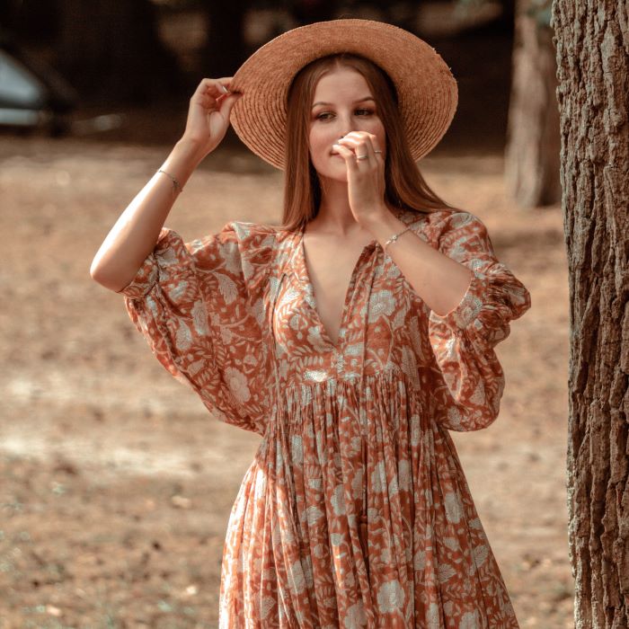 Camilla Hand Block Print Dress – Golden/Cream