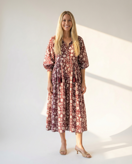 Camilla Kleid mit Handblockdruck – Burgundy