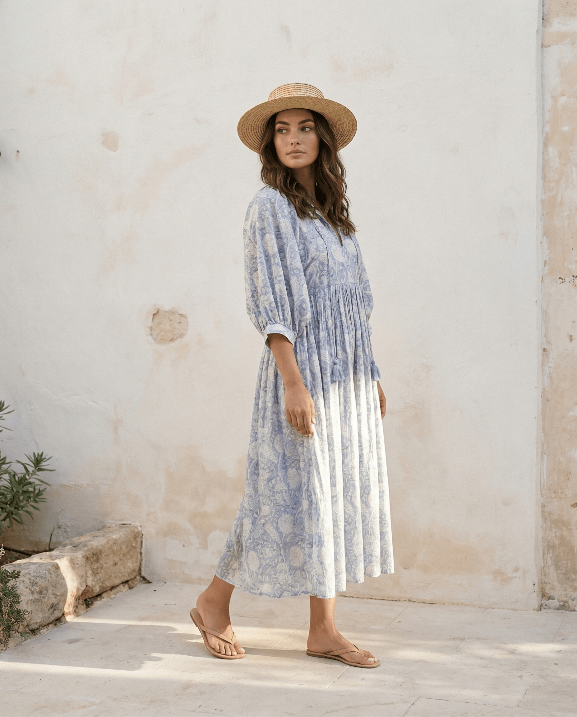Camilla Kleid mit Handblockdruck - Ice Blue, handgefertigt, elegantes Vintage-Design für Tag und Abend.