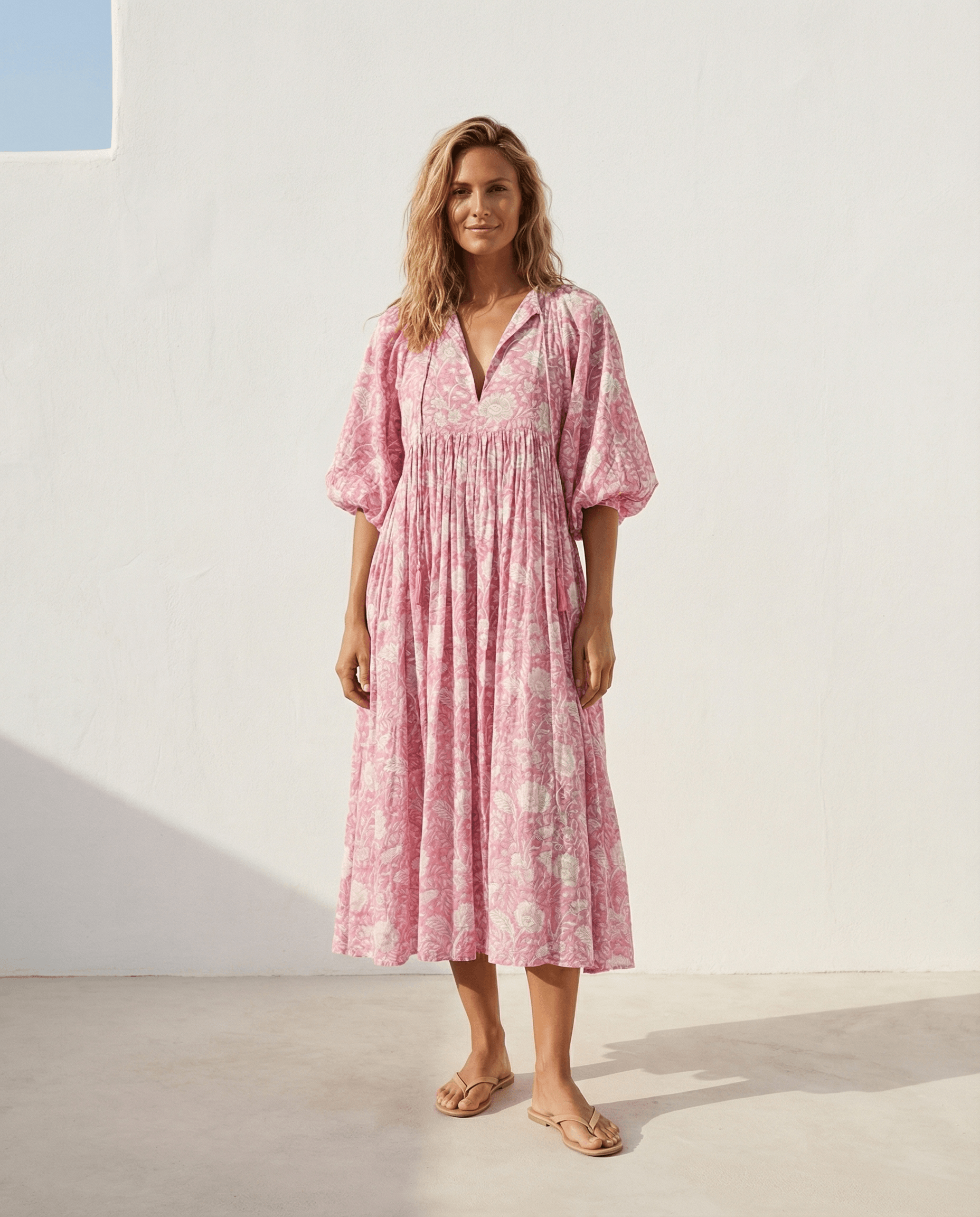 Camilla Kleid mit Handblockdruck – Pink, handgefertigt, Vintage-inspiriert, ideal für Tages- und Abendmode.
