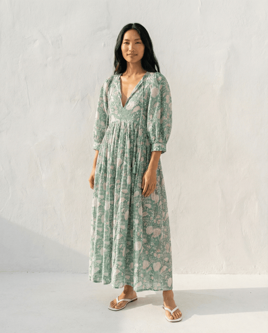 Camilla Boho-Kleid mit Blockdruck – Mintgrün