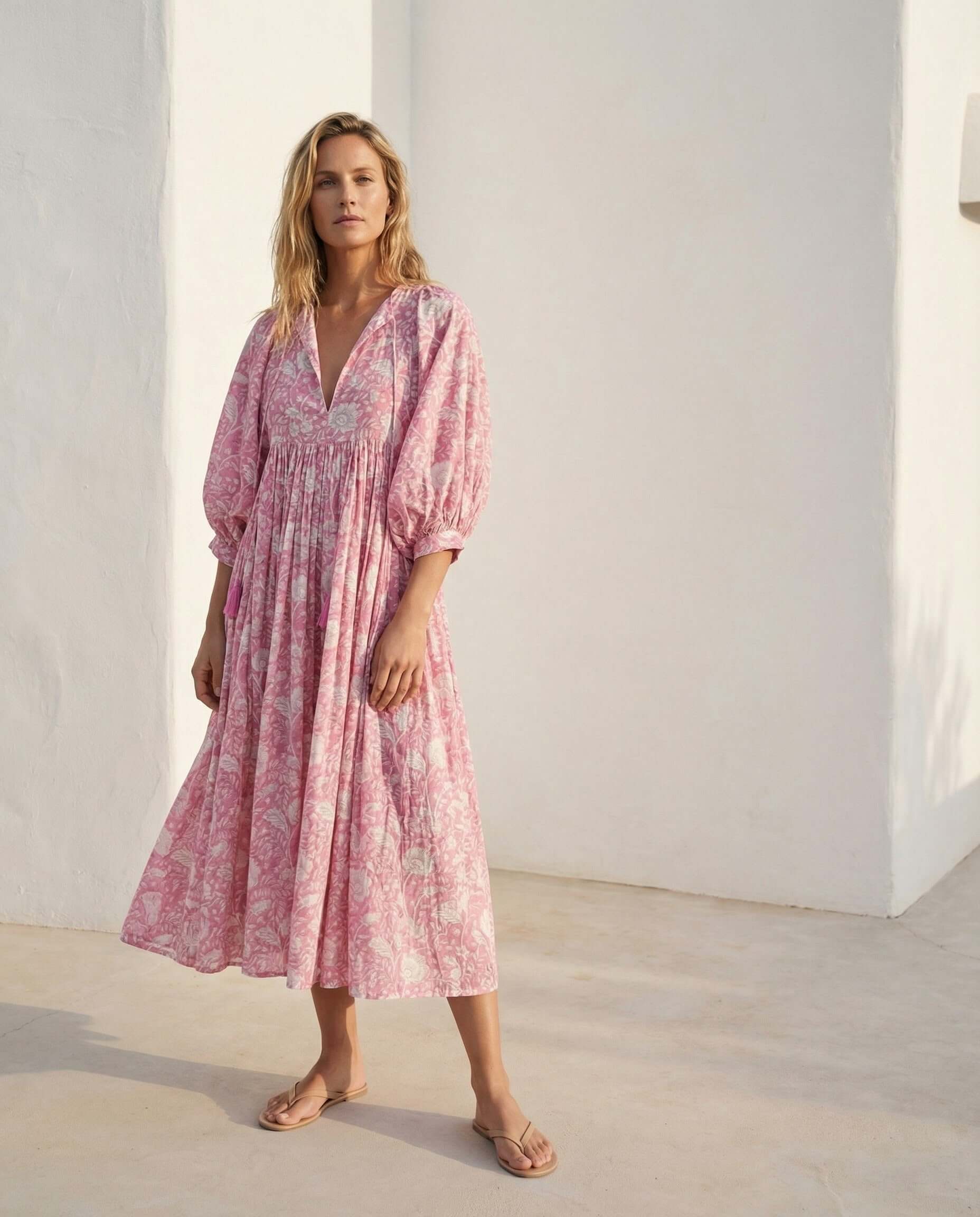 Camilla Kleid mit Handblockdruck – Pink, handgefertigt, elegantes Vintage-Design mit gebauschten Ärmeln.