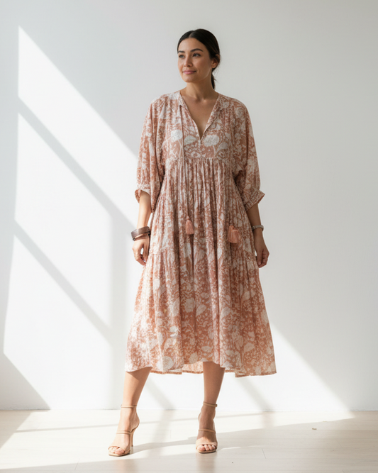 Camilla Kleid mit Handblockdruck - Aprikose