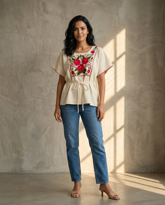 Handbestickte Carmela Bluse Nr. 11 – Creme/Magenta